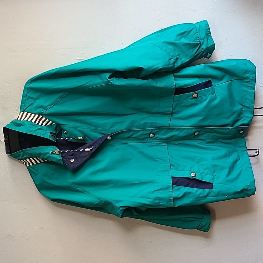 Women's large vintage 80s 90s windbreaker rain jacket green blue nautical